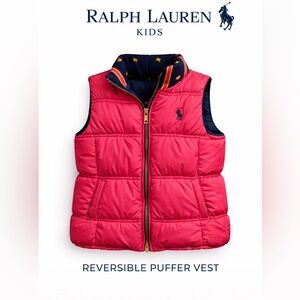 Ralph Lauren Girls Reversible Puffer Vest Pink Navy Size 5